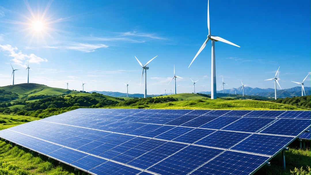 Solar panels and wind turbines generating renewable energy